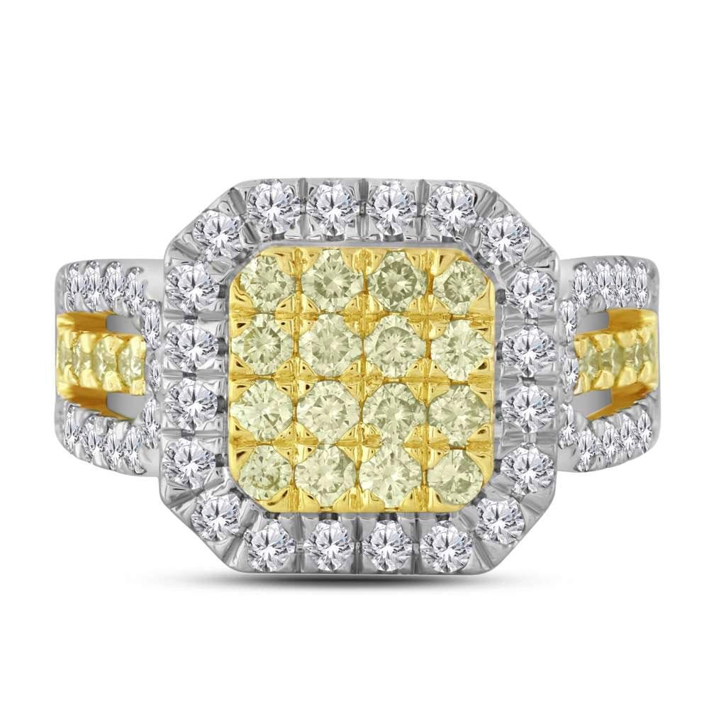 14kt White Gold Womens Round Canary Yellow Diamond Square Cluster Ring 1-3/4 Cttw