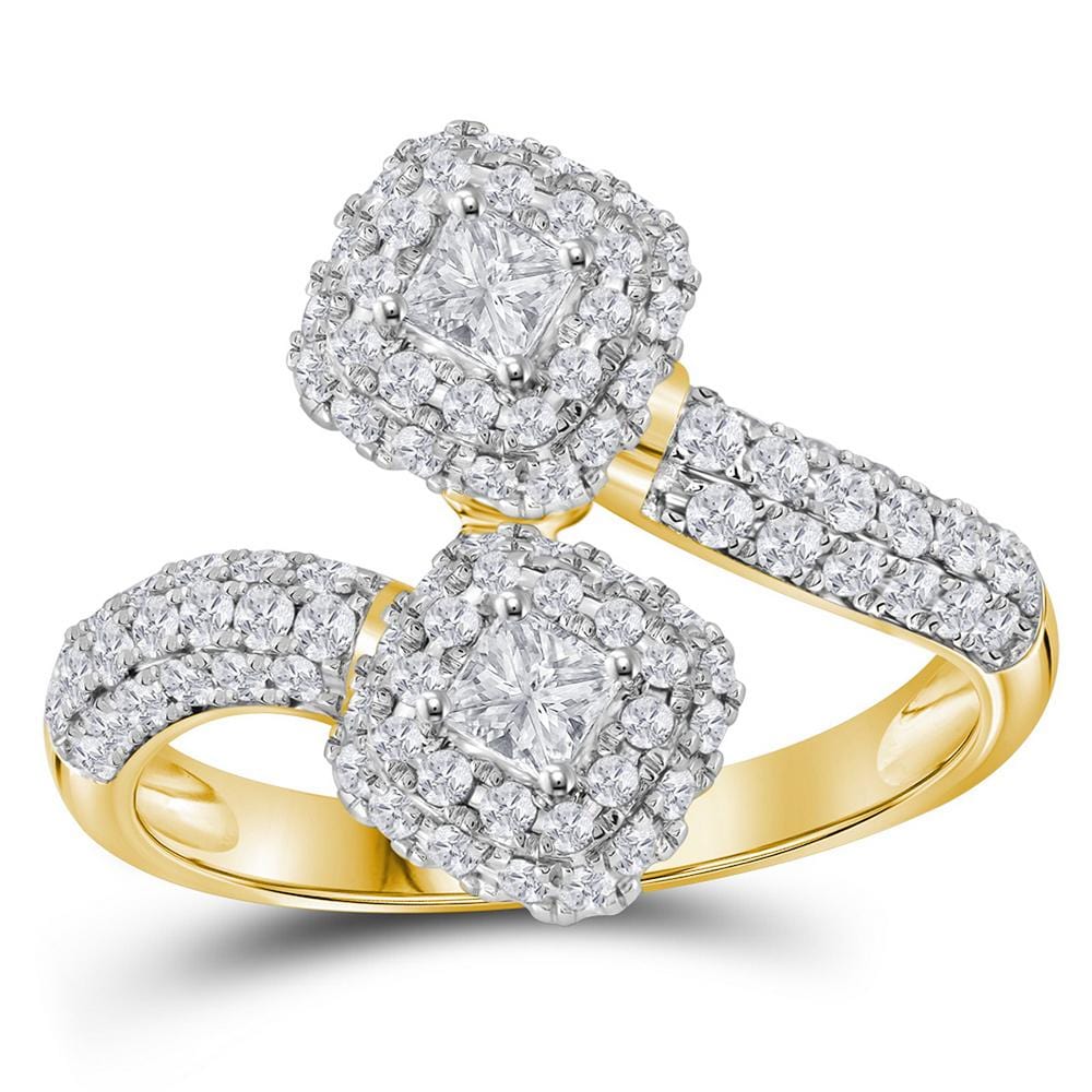 14kt Yellow Gold Womens Princess Diamond 2-stone Bypass Bridal Wedding Engagement Ring 1.00 Cttw