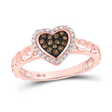 10kt Rose Gold Womens Round Brown Diamond Heart Ring 1/4 Cttw