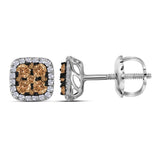 14kt White Gold Womens Round Brown Diamond Square Earrings 1-1/2 Cttw