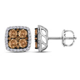 14kt White Gold Womens Round Brown Color Enhanced Diamond Square Cluster Earrings 2.00 Cttw