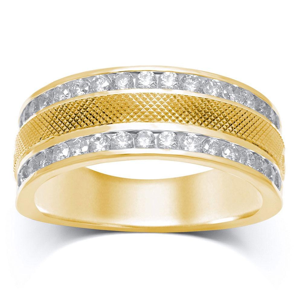 14kt Yellow Gold Mens Round Diamond Double Row Textured Wedding Band Ring 1 Cttw