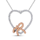 10kt White Gold Womens Round Diamond Rose-tone Rope Knot Bow Heart Pendant 1/6 Cttw