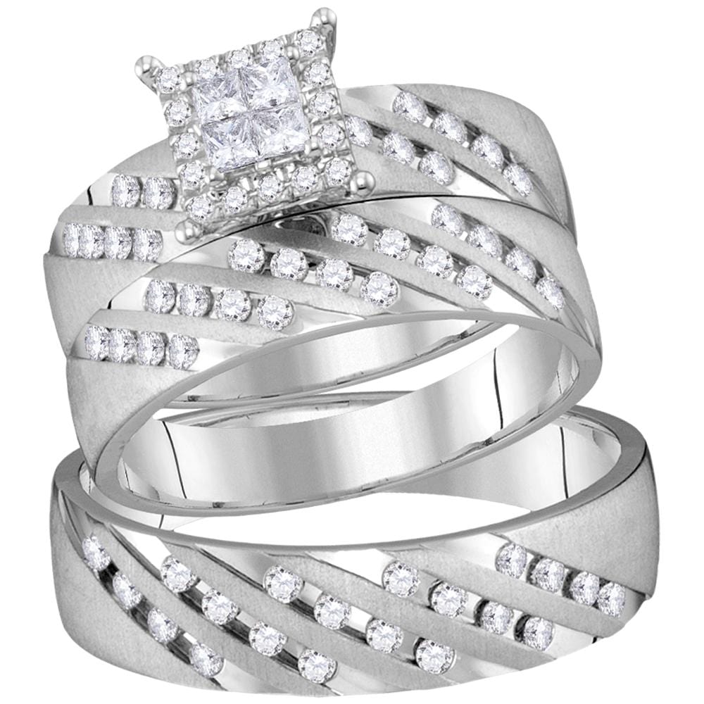 14kt White Gold His & Hers Princess Diamond Cluster Matching Bridal Wedding Ring Band Set 7/8 Cttw