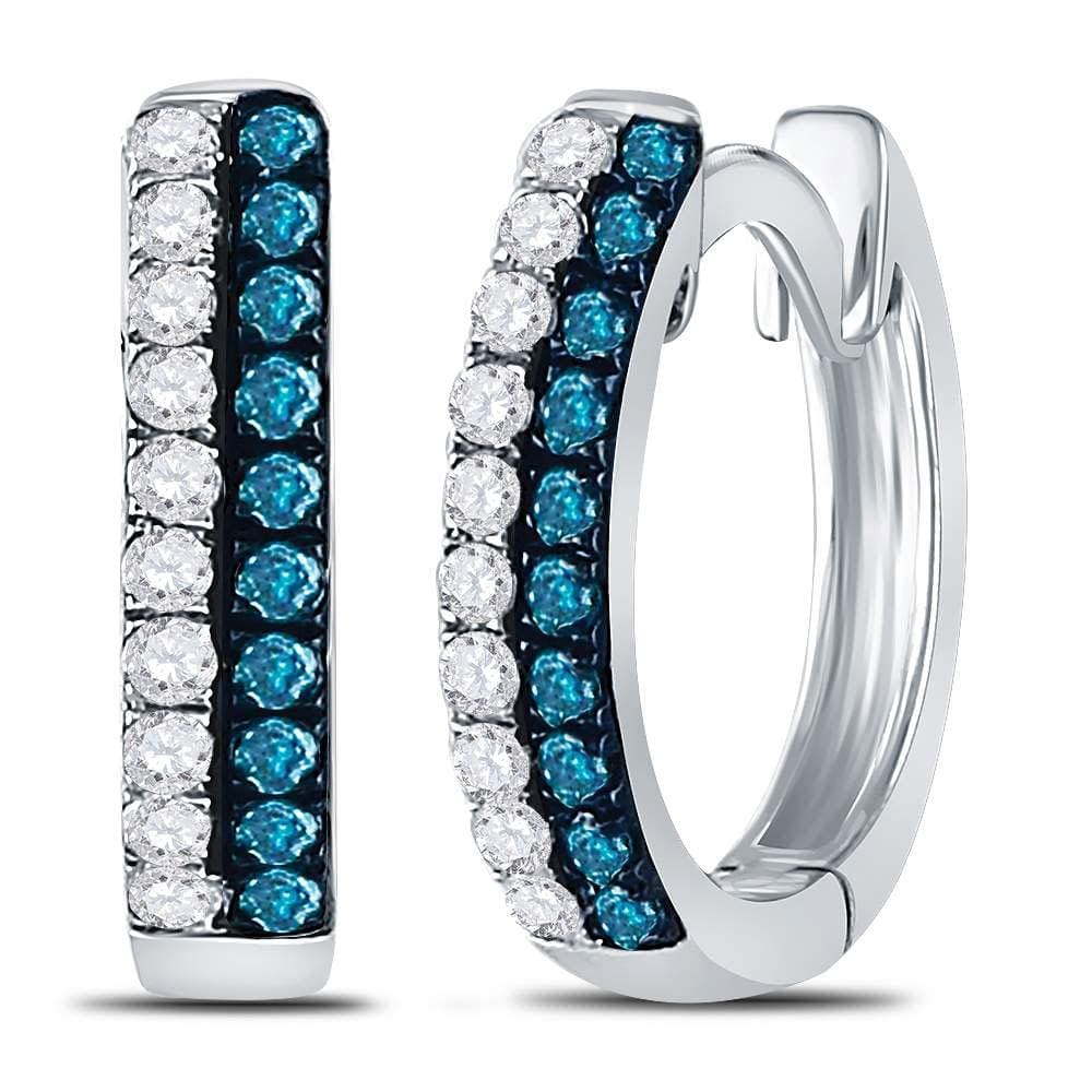 10kt White Gold Womens Round Blue Color Enhanced Diamond Huggie Earrings 1/5 Cttw