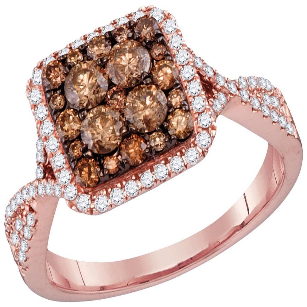 14kt Rose Gold Womens Round Brown Diamond Square Cluster Bridal Wedding Engagement Ring 1.00 Cttw