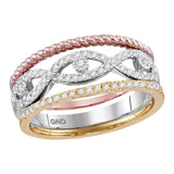 10kt Tri-Tone Gold Womens Round Diamond Stackable Rope Band Ring 3-Piece Set 1/3 Cttw