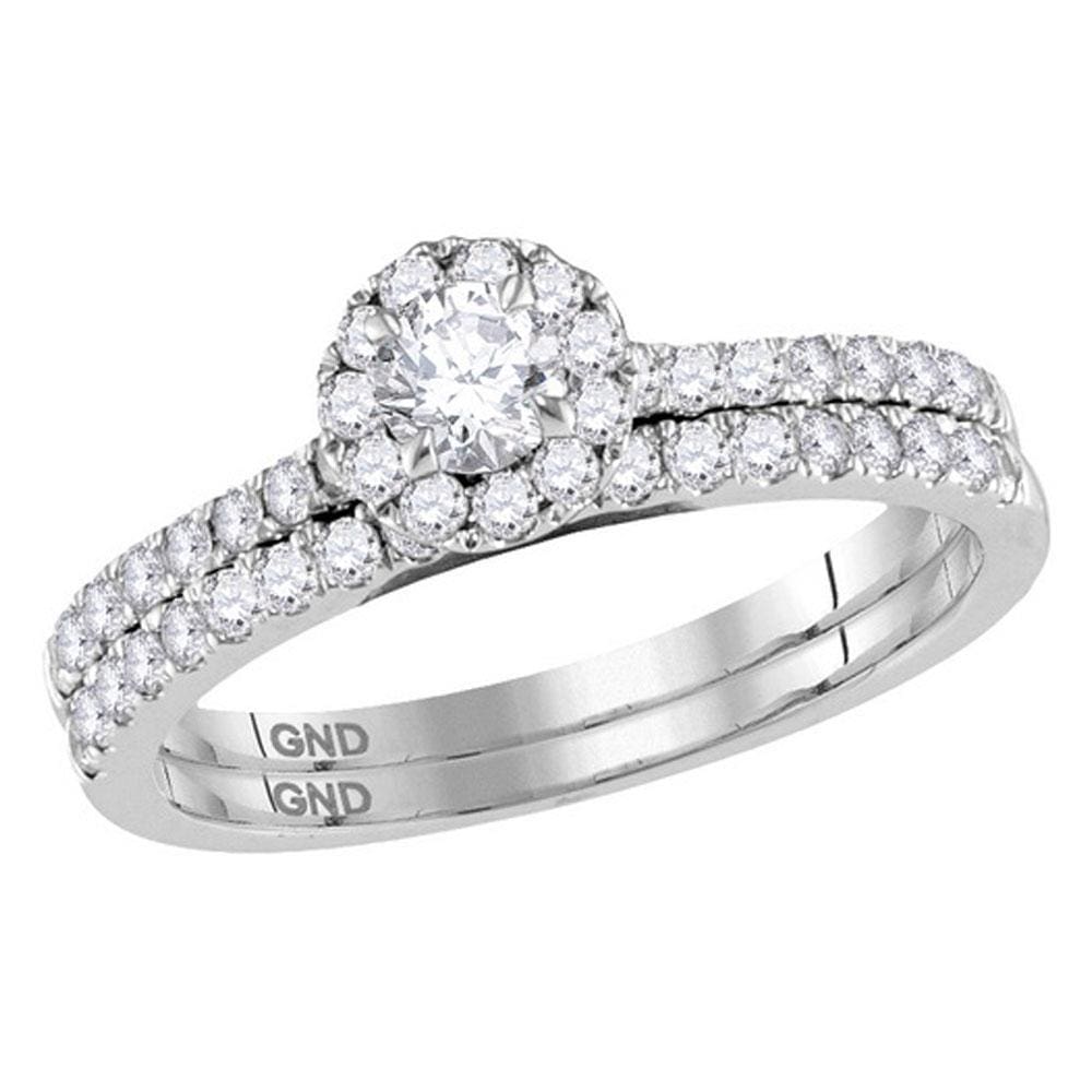 14kt White Gold Round Diamond Halo Slender Bridal Wedding Ring Band Set 3/4 Cttw
