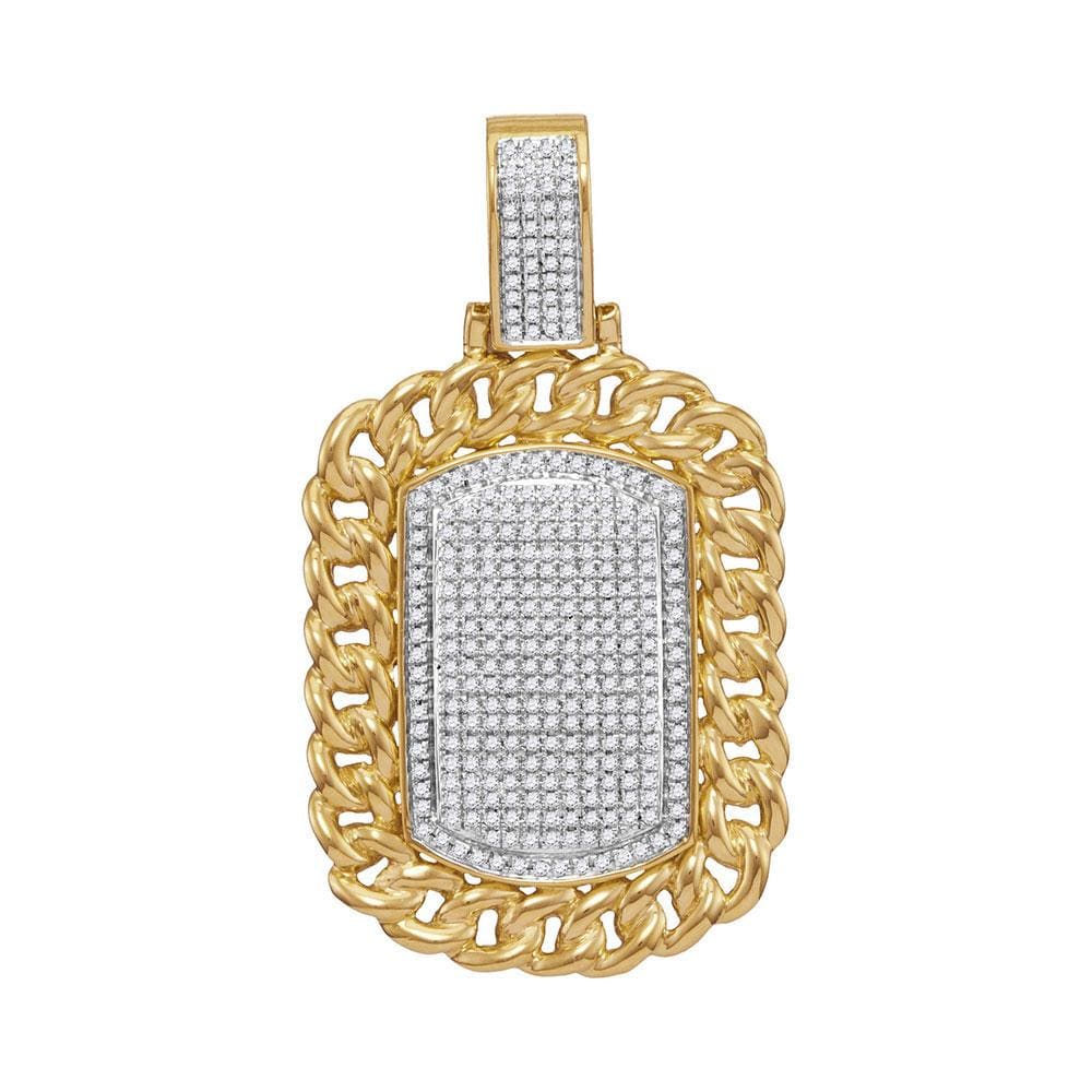 10kt Yellow Gold Mens Round Diamond Cuban Link Outline Dog Tag Cluster Charm Pendant 7/8 Cttw