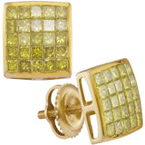 10kt Yellow Gold Mens Princess Yellow Color Enhanced Diamond Square Earrings 1 Cttw