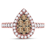 14kt Rose Gold Womens Round Brown Diamond Teardrop Cluster Ring 1 Cttw
