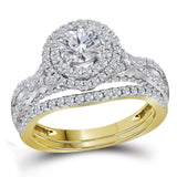 14kt Yellow Gold Round Diamond Halo Bridal Wedding Ring Band Set 1-3/4 Cttw