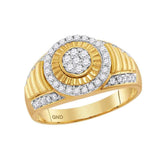 10kt Yellow Gold Mens Round Diamond Cluster Concentric Circle Ribbed Ring 3/4 Cttw