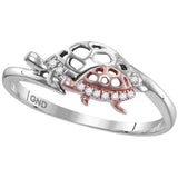 Sterling Silver Womens Round Diamond Rose Turtle Animal Band Ring 1/20 Cttw