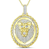 10kt Yellow Gold Mens Round Diamond Oval Lion Face Rope Charm Pendant 1 Cttw