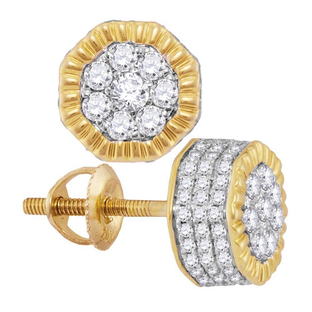 10kt Yellow Gold Mens Round Diamond Fluted Hexagon Cluster Stud Earrings 1/2 Cttw