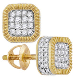 10kt Yellow Gold Mens Round Diamond Fluted Square Cluster Stud Earrings 7/8 Cttw