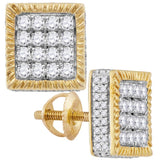 10kt Yellow Gold Mens Round Diamond Square 3D Cluster Stud Earrings 1 Cttw