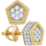 10kt Yellow Gold Mens Round Diamond Polygon Fluted Cluster Stud Earrings 1/2 Cttw
