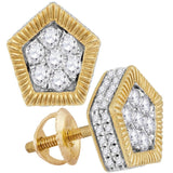 10kt Yellow Gold Mens Round Diamond Polygon Fluted Cluster Stud Earrings 3/4 Cttw