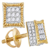 10kt Yellow Gold Mens Round Diamond Square Fluted 3D Cluster Stud Earrings 1/3 Cttw