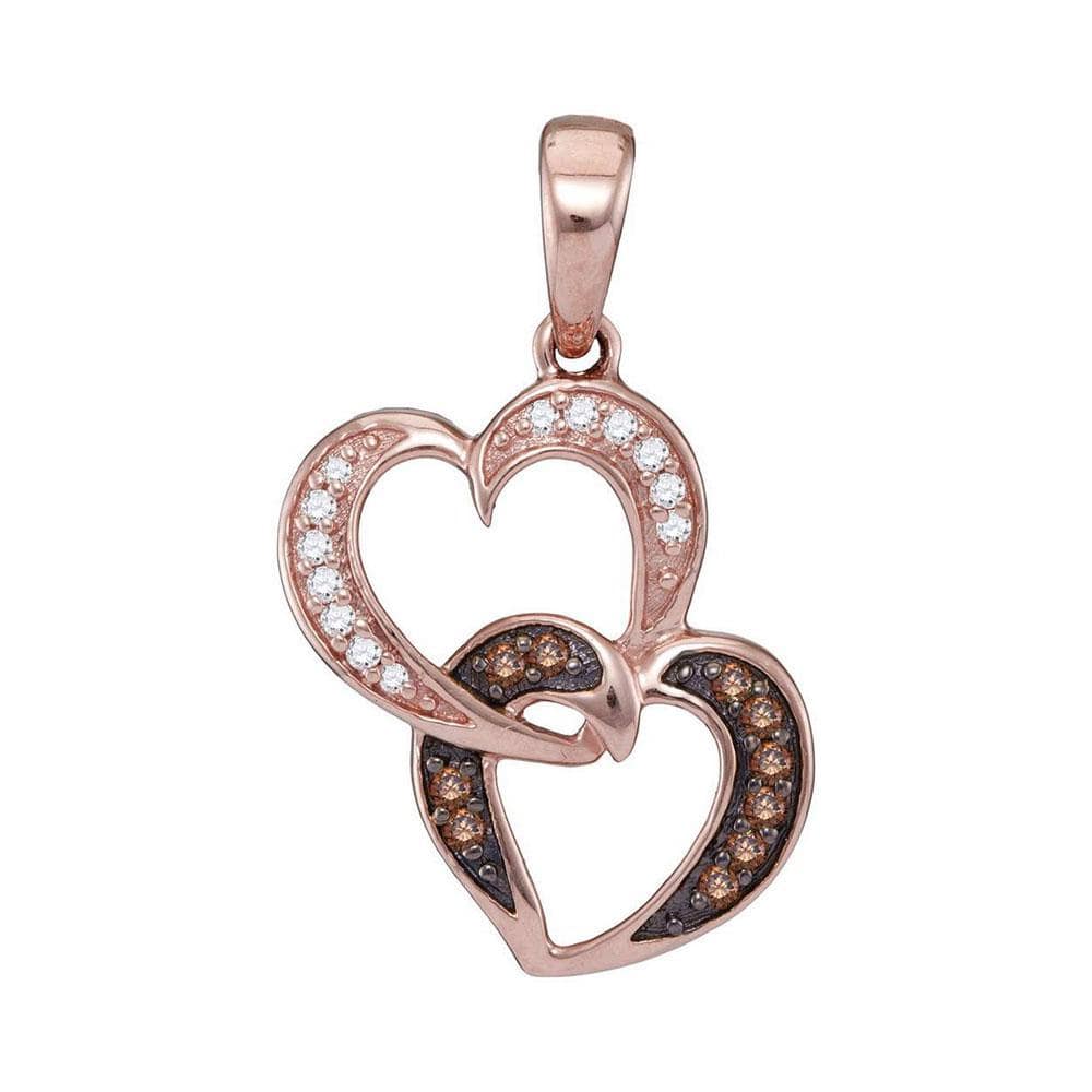 10kt Rose Gold Womens Round Brown Diamond Double Heart Pendant 1/10 Cttw