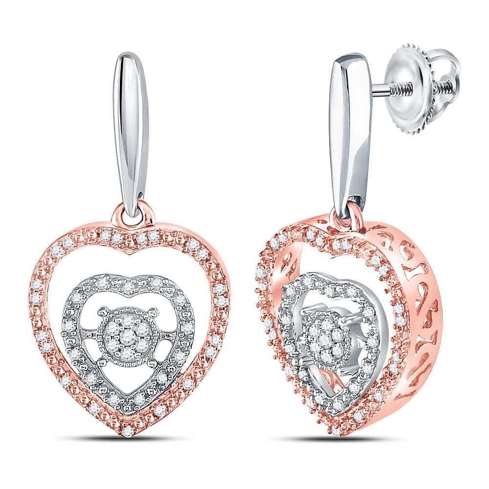 Sterling Silver Womens Round Diamond Rose-tone Heart Dangle Earrings 1/4 Cttw