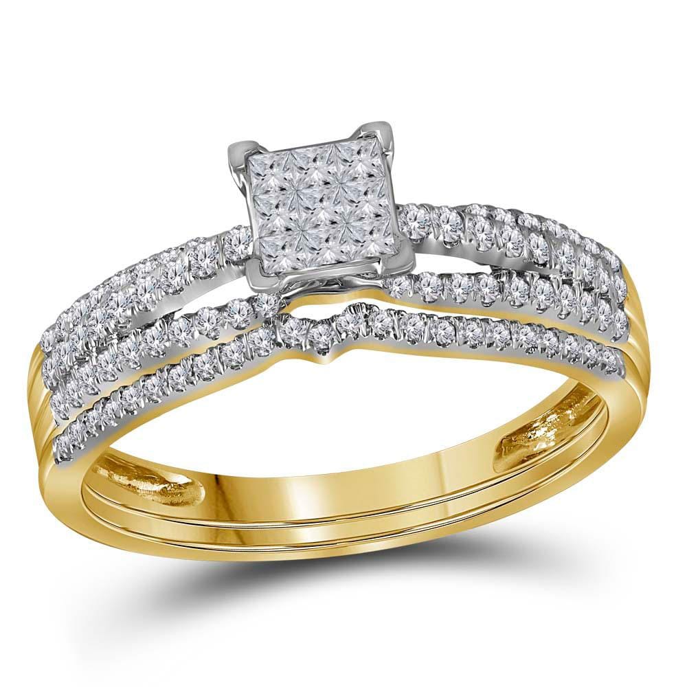 14kt Yellow Gold Womens Princess Diamond Cluster Bridal Wedding Engagement Ring Band Set 1/2 Cttw