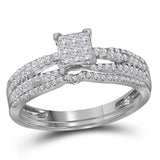 14kt White Gold Princess Diamond Cluster Bridal Wedding Ring Band Set 1/2 Cttw
