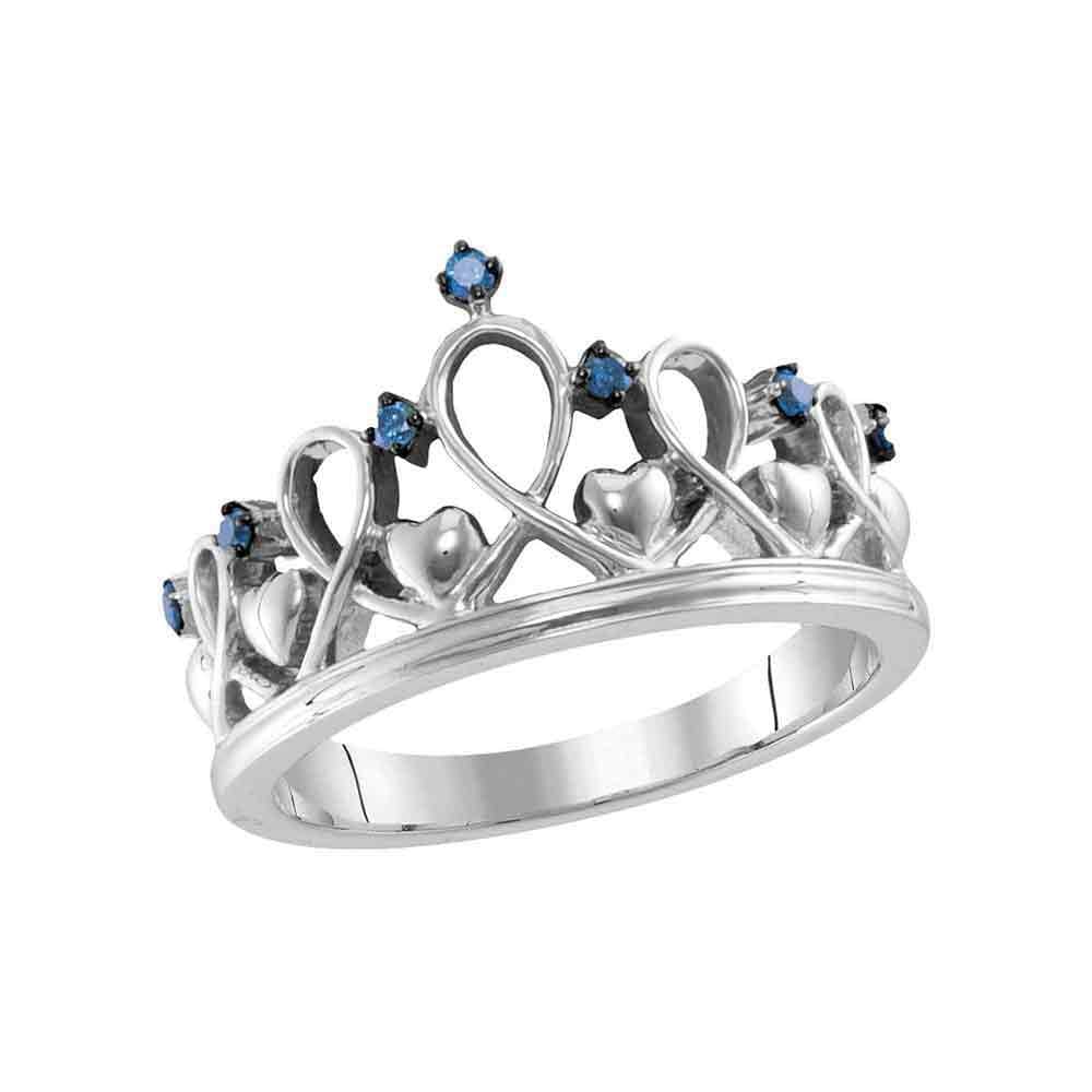 Sterling Silver Womens Round Blue Color Enhanced Diamond Crown Tiara Ring 1/10 Cttw