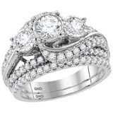 14kt White Gold Round Diamond 3-Stone Bridal Wedding Ring Set 2 Cttw