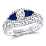 14kt White Gold Round Diamond Blue Sapphire Bridal Wedding Ring Set 1-3/8 Cttw