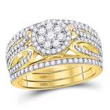 14kt Yellow Gold Womens Round Diamond Cluster 3-Piece Bridal Wedding Engagement Ring Band Set 1.00 Cttw