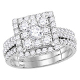 14kt White Gold Round Diamond Square Bridal Wedding Ring Band Set 2 Cttw