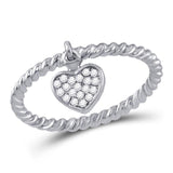 10kt White Gold Womens Round Diamond Heart Dangle Stackable Band Ring 1/10 Cttw