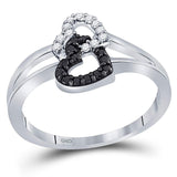 Sterling Silver Womens Round Black Color Enhanced Diamond Double Heart Ring 1/6 Cttw - Size