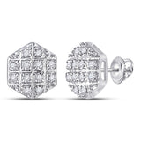 10kt White Gold Mens Round Diamond Hexagon Cluster Earrings 1/10 Cttw