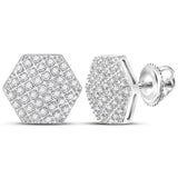 10kt White Gold Mens Round Diamond Hexagon Cluster Stud Earrings 1/5 Cttw