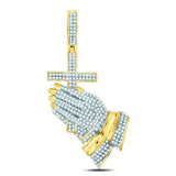 10kt Yellow Gold Mens Round Diamond Praying Hands Cross Charm Pendant 1-1/2 Cttw