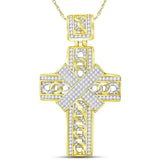 10kt Yellow Gold Mens Round Diamond Bound Cuban Link Cross Charm Pendant 3-3/8 Cttw