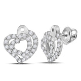 14kt White Gold Womens Round Diamond Double Heart Earrings 1/3 Cttw