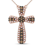14kt Rose Gold Womens Round Brown Diamond Cross Necklace 1/3 Cttw