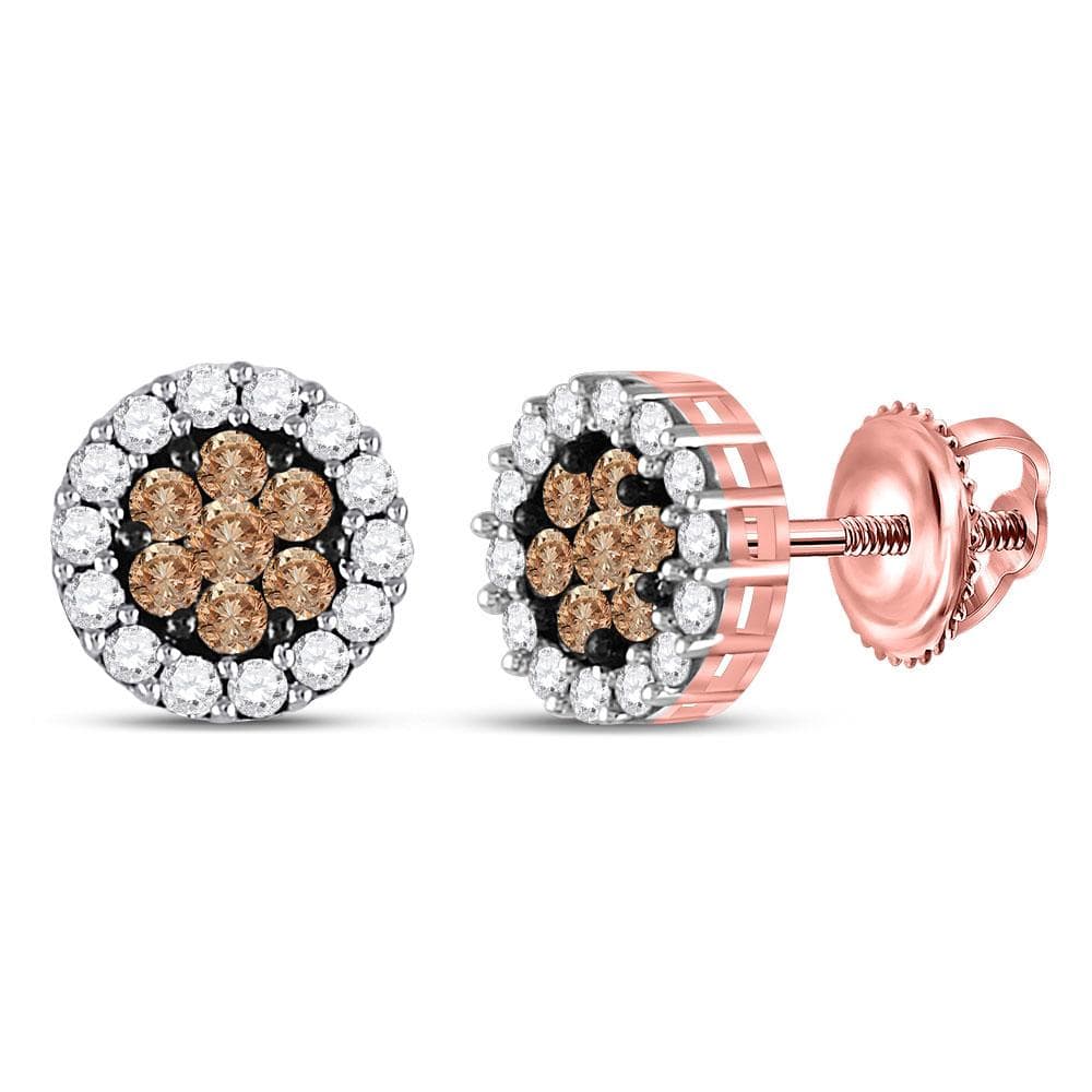 14kt Rose Gold Womens Round Brown Diamond Flower Cluster Earrings 1 Cttw