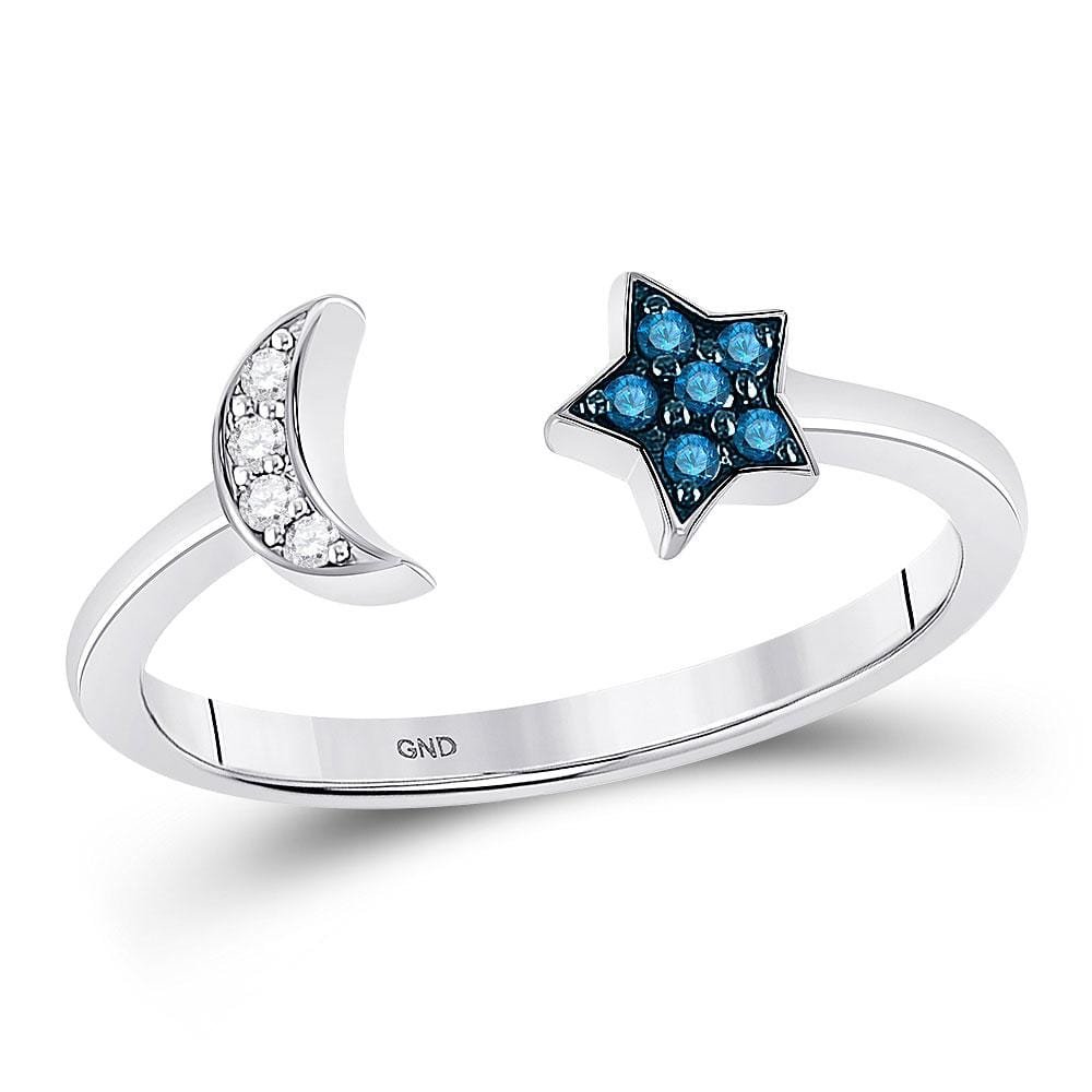 Sterling Silver Womens Round Blue Color Enhanced Diamond Moon & Star Ring 1/10 Cttw Size