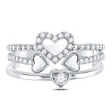 14kt White Gold Womens Round Diamond 2-Piece Beaded Heart Band Ring Set 1/3 Cttw