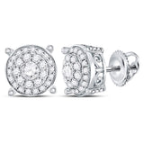 14kt White Gold Womens Round Diamond Concentric Circle Cluster Earrings 1 Cttw