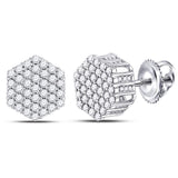 14kt White Gold Mens Round Diamond Hexagon Cluster Stud Earrings 1.00 Cttw