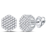 14kt White Gold Mens Round Diamond Hexagon Cluster Stud Earrings 1/2 Cttw