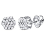 14kt White Gold Mens Round Diamond Hexagon Cluster Earrings 1/4 Cttw