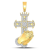 10kt Yellow Gold Mens Round Diamond Praying Hands Cross Charm Pendant 3/4 Cttw